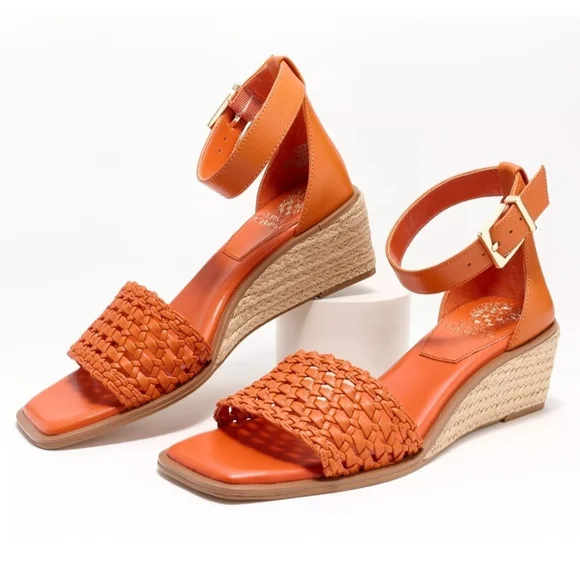 Vince Camuto TANGERINE Leather Net Low Ankle Strap Espadrille Wedge SZ 9 Wide - Picture 2 of 11